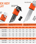 Top Tier 27 Piece Hex Key Set With Long Ball End Allen Wrenches And Torx Driver Kit Perfect For Bikes Motorcycles Scooters And Home Repairs In A Sleek Portable Case. 27-piece CR-V hex and Torx wrench set with size chart