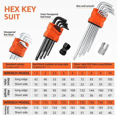Kickstart Your Handyman Skills With This Awesome LYIYEYAN 27 Piece Hex Key Set! Get Ball End Allen Wrenches Plus Torx Star Bits For Quick Bike Fixes, Furniture Assembly, And Tough Mechanical Repairs. Made From Durable CR V Steel That Handles Heavy Usage. 27-piece hex and Torx wrench set with orange holders, in standard, black, and extra-long versions.