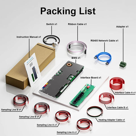Slick Heavy Duty 100A LiFePO4 Battery Management System For 8S To 16S Packs 200A Peak Discharge 1A Active Cell Balancing components packing list