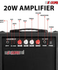 Close-up of a 20W Portable Electric Guitar Amp With A 6.5 Inch Speaker, control knobs, and headphone output