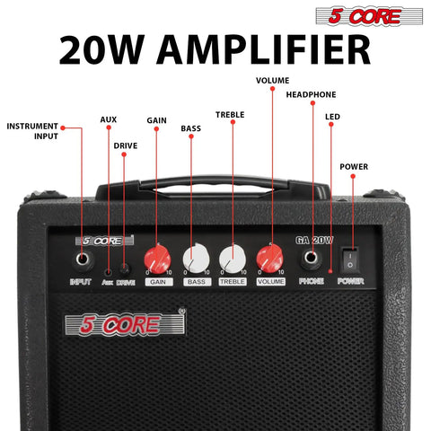 Close-up of a 20W Portable Electric Guitar Amp With A 6.5 Inch Speaker, control knobs, and headphone output