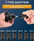 Hands holding two of the seven adapters for the Heavy Duty Hydraulic Accumulator Charging Kit With Three Gauges And Seven Couplings In Aluminum Carry Case, Nitrogen Pressure Test System For 1500 PSI, 4000 PSI And 6000 PSI Readings