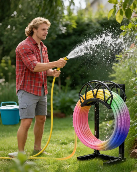 Man using Heavy Duty Freestanding Garden Hose Reel Stand With Ground Spikes Detachable Metal Rack Holds 160 Ft Hose Weatherproof Black