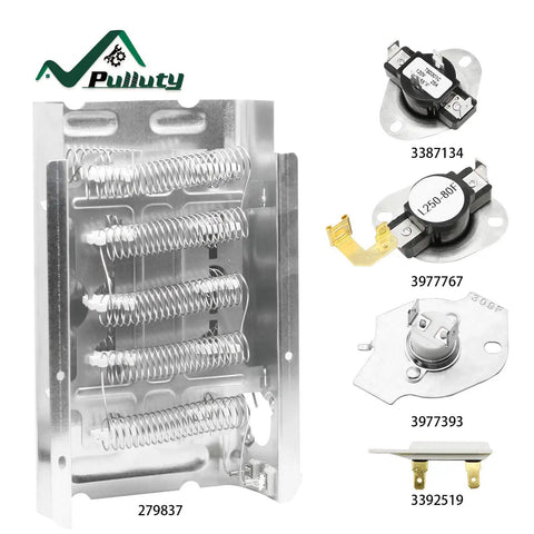 Dryer Heating Element Replacement For Kenmore Maytag Amana Estate Cabrio Bravos Admiral Inglis KitchenAid Magic Chef JennAir Easy Install And More 279838 Compatible Part 3403585 W10724237 3398063 3398064 8565582 kit with heating element, fuses, thermostats.