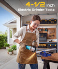 Professional Grade 4 1 2 Inch Corded Angle Grinder in use, sparks flying while cutting metal in workshop setting.