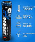 GreaseCo heavy-duty lithium grease tube with specs: 500°F dropping point, 500 KG weld load, 65 LBS Timken OK, 3% water washout
