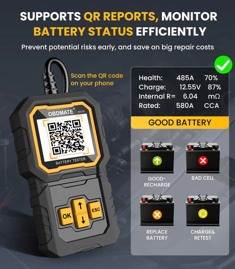 Top Shelf Plug And Play Car Battery Tester For 12V And 24V Vehicles With Heavy Duty Cca Scanning For Agm Gel Efb And Flooded Banks To Keep Your Rig Rolling Smooth Anytime with QR code feature.