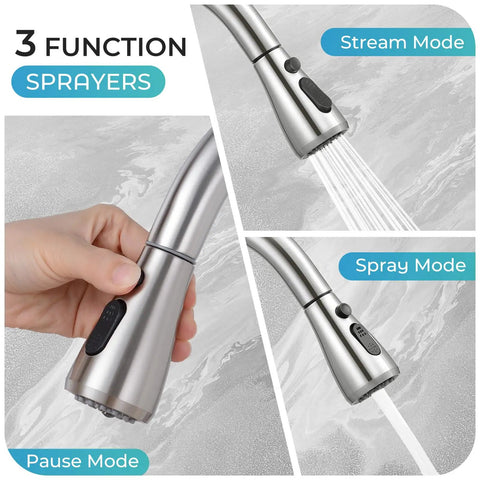 Slick Brushed Nickel Kitchen Faucet With Pull Down Sprayer High Arc Spout 18 Inch Hose showcasing 3 spray modes and user hand.
