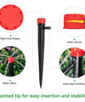 50 Pack Adjustable Drip Emitters For 1/4 Inch Tubing With 360 Degree Water Flow On 5 Inch Arrow Stakes, showing details and water effect