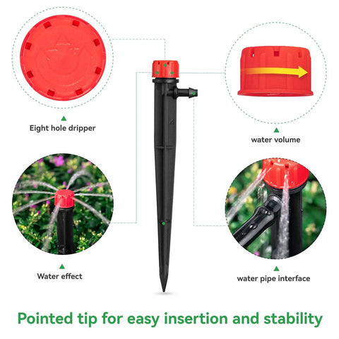 50 Pack Adjustable Drip Emitters For 1/4 Inch Tubing With 360 Degree Water Flow On 5 Inch Arrow Stakes, showing details and water effect