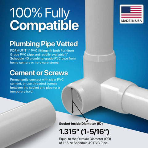 DIY Ready 3 Way Elbow PVC Fitting for Furniture Grade Builds, Extra Deep Sockets on All Three 90 Degree Planes, White