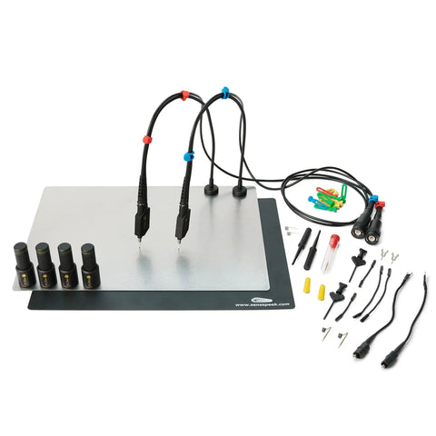 2X SQ200 200 MHz Handsfree Oscilloscope Probes For Precision Measurements on base plate with cable and connectors visible