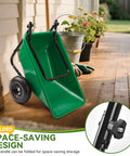 Foldable Handle Two Wheel Garden Cart With Ten Inch Pneumatic Tires shown with folded handle in green for compact storage
