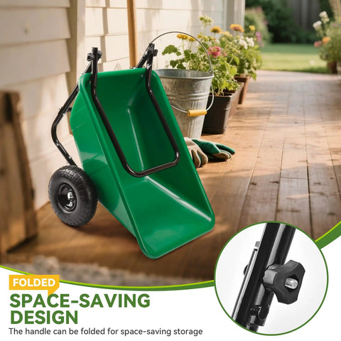 Foldable Handle Two Wheel Garden Cart With Ten Inch Pneumatic Tires shown with folded handle in green for compact storage