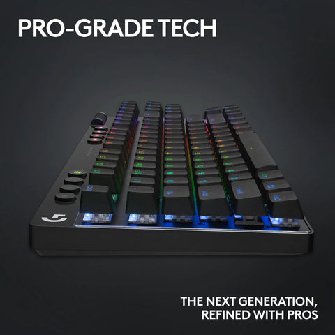 Top Shelf Tenkeyless Wireless Gaming Keyboard With Snappy Tactile Switches And Blazing Lightspeed Response For Crushing Every Ranked Match In Polished Black Frame, angled side view with RGB lights.