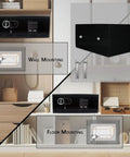 Biometric Fingerprint Safe Lock Box With Steel Construction And Key Backup, wall and floor mounting options shown.