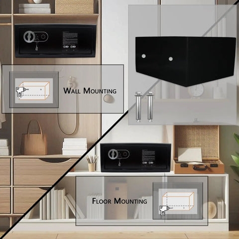 Biometric Fingerprint Safe Lock Box With Steel Construction And Key Backup, wall and floor mounting options shown.