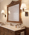 YS.ESUDSI Swing Arm Vintage Wall Sconces with White Fabric Shade Hardwired illuminating a bathroom mirror.