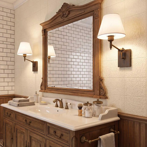 YS.ESUDSI Swing Arm Vintage Wall Sconces with White Fabric Shade Hardwired illuminating a bathroom mirror.