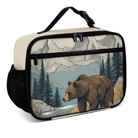 Mountain Bear Tree Lake Insulated Lunch Bag with scenic bear and forest design, 10.6x7.9x4.3 in, leakproof for travel