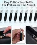 Leather Zipper Pulls Kit With Detachable Leather Handles 8 Pack Repair Tabs For Luggage Backpacks Suitcases Jackets And Handbags Upgrade Your Gear With Durable Black Leather Zipper Pulls shown on zippers