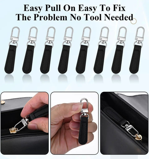 Leather Zipper Pulls Kit With Detachable Leather Handles 8 Pack Repair Tabs For Luggage Backpacks Suitcases Jackets And Handbags Upgrade Your Gear With Durable Black Leather Zipper Pulls shown on zippers