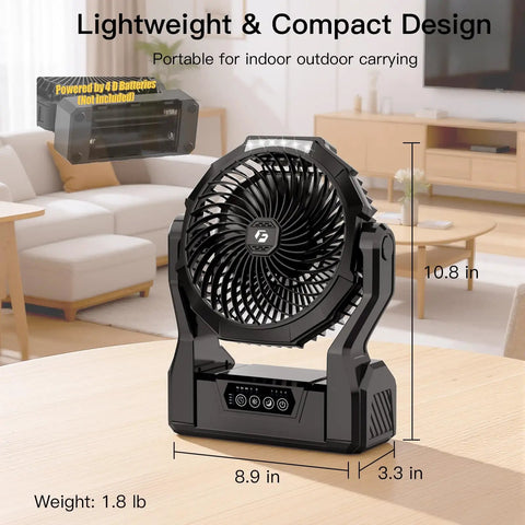 Battery Operated Fan For Camping And Outdoor Adventures 2 In 1 D Cell Battery And USB Powered Portable Fan on table