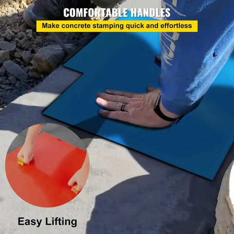 Person using 24x24 inch polyurethane stamping mat for patio with slate texture, part of Concrete Texture Skin Mats Set 4 Piece DIY Kit.