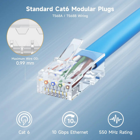 Cat6 RJ45 Modular Plugs With 50 Micron Gold Plating, 100 Pack Ethernet Connector Ends for Solid or Stranded UTP Cable