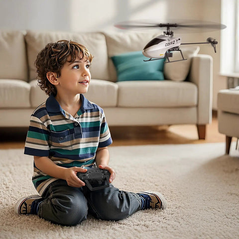 Child using Easy Start RC Helicopter For Beginners With Gyro 2.4GHz Remote OneKey Takeoff And Landing 4 Channel Flight indoors