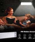 Two Pack Rechargeable Wireless LED Closet Lights With Motion Sensor illuminating a living room, USB, battery 3200mAh, sensor modes.