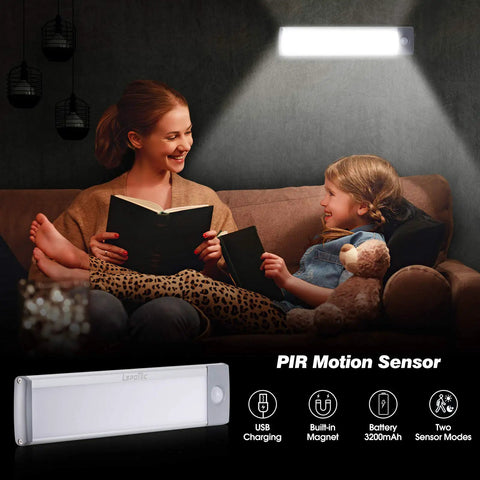 Two Pack Rechargeable Wireless LED Closet Lights With Motion Sensor illuminating a living room, USB, battery 3200mAh, sensor modes.