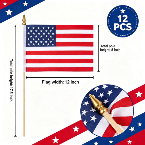 8x12 Inch American Flags on Sticks with 17.5 Inch Wooden Poles, Vivid Color, 12 Pack Display for Parades and Grave Markers