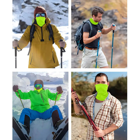 Collage of people wearing 3 Pack Fluorescent Green Balaclava Full Face Mask For Outdoor Cycling And Bike Riding