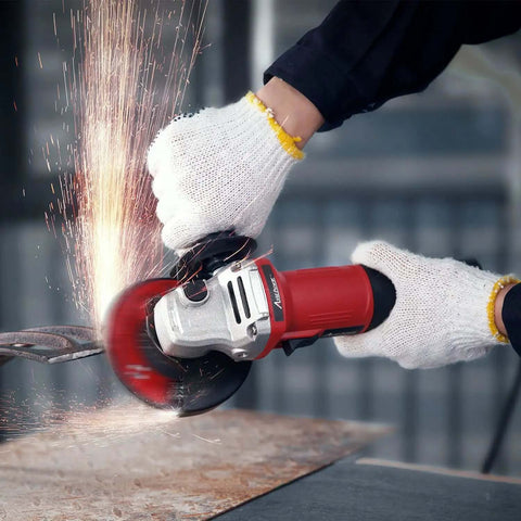 Knockout 7.5 Amp 4.5 Inch Electric Angle Grinder With Grinding And Cutting Wheels Flap Disc And Auxiliary Handle For Metalworking Polishing And Rust Removal Tough As Nails Red Design in action with sparks.