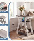 Two Piece End Table With Built In Charging Station For Your Couch And Bedside Modern Curved Nightstand Set Of Two Two AC Outlets USB Port Type C Port About Five Foot Power Cord Three Tier Open Storage, off-white MDF end table beside sofa