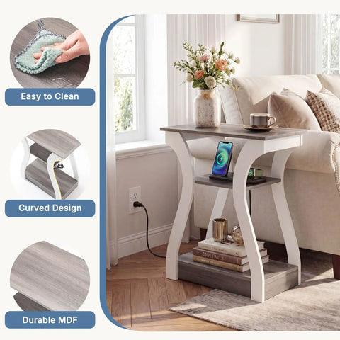 Two Piece End Table With Built In Charging Station For Your Couch And Bedside Modern Curved Nightstand Set Of Two Two AC Outlets USB Port Type C Port About Five Foot Power Cord Three Tier Open Storage, off-white MDF end table beside sofa