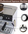 Heavy Hitter Espresso Machine With Built In Burr Grinder And Swift Milk Frother, 95 Oz Big Tank, 3 In 1 No Fuss Coffee Maker For Cappuccino Latte Top Shelf Silver control panel and frother details.