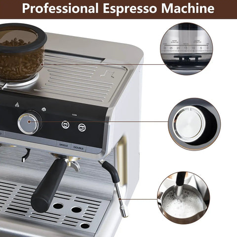 Heavy Hitter Espresso Machine With Built In Burr Grinder And Swift Milk Frother, 95 Oz Big Tank, 3 In 1 No Fuss Coffee Maker For Cappuccino Latte Top Shelf Silver control panel and frother details.