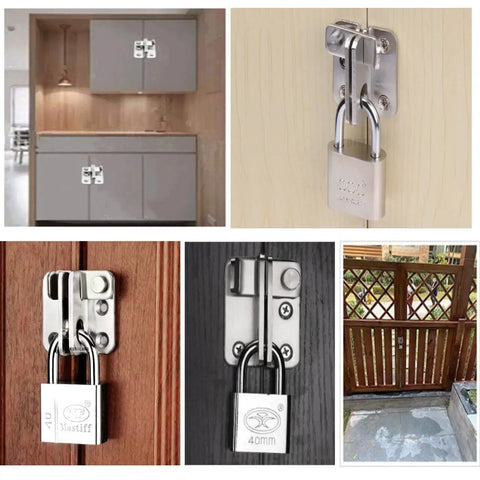 Various views of No Nonsense Heavy Duty Stainless Steel Flip Latch Lock 2 Pack Padlockable Bolt Latches installed on cabinets and gates