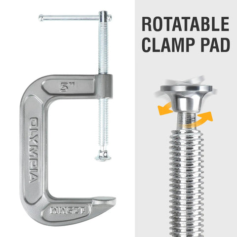 Heavy Duty C Clamp 5 Inch By 3.25 Inch Built Tough For Woodworking And Home Projects, Steel Clamp With Smooth Swivel, High Friction Frame, Ergonomic Grip For Precise, Reliable Hold. 5-inch steel C-clamp with rotatable clamp pad