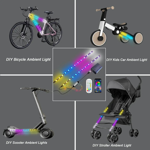 Two Strip LED Light Kit For Bikes Scooters And Skateboards Lit Music Sync Multicolor Changing Lights That Go With Your Ride Wireless USB Powered App Remote Control 360 Degree Music Sync Easy Install Strips