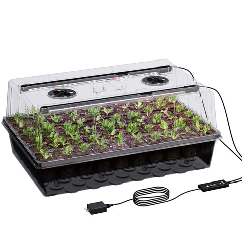 60 Cell Self Watering Seed Starter Tray With Grow Light For Indoor Seed Germination Kit, showing seedlings under LED light.