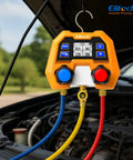 Digital HVAC Manifold Gauge Set DMG2SE With Hoses And R410A Adapters For Fast Onsite Diagnostics No Nonsense Readouts Instant High And Low Side Saturation Readouts And Precise System Troubleshooting, hanging over engine bay