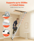 Aluminum Attic Ladder Foldable With Adjustable Heights For 7.66 To 10.3 Foot Ceilings, 54 By 22.5 Inch Opening, 375 Lb Load Capacity, Lightweight Portable Stairs For Super Handy Easy Home Access And Storage. Man using aluminum attic ladder with 3.1 inch wide steps