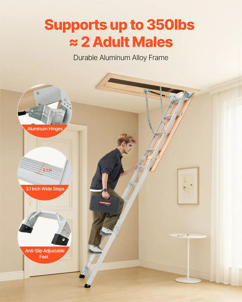 Aluminum Attic Ladder Foldable With Adjustable Heights For 7.66 To 10.3 Foot Ceilings, 54 By 22.5 Inch Opening, 375 Lb Load Capacity, Lightweight Portable Stairs For Super Handy Easy Home Access And Storage. Man using aluminum attic ladder with 3.1 inch wide steps