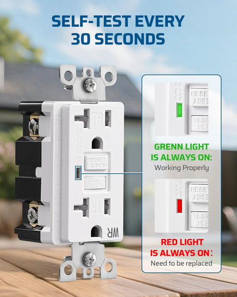 Straight Up Dual 20 Amp Outdoor Outlet Box With Weatherproof Gfci Receptacles Quick Self Test Feature showing status indicator lights.