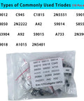 Bag of 180 pieces of triodes from the Complete Electronic Component Kit With 1800 Pieces Including LEDs, Resistors, Capacitors, Transistors
