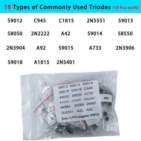 Bag of 180 pieces of triodes from the Complete Electronic Component Kit With 1800 Pieces Including LEDs, Resistors, Capacitors, Transistors