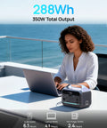 Person using laptop connected to Portable Power Station 288Wh LiFePO4 Battery with 350W continuous output and 600W peak outdoors